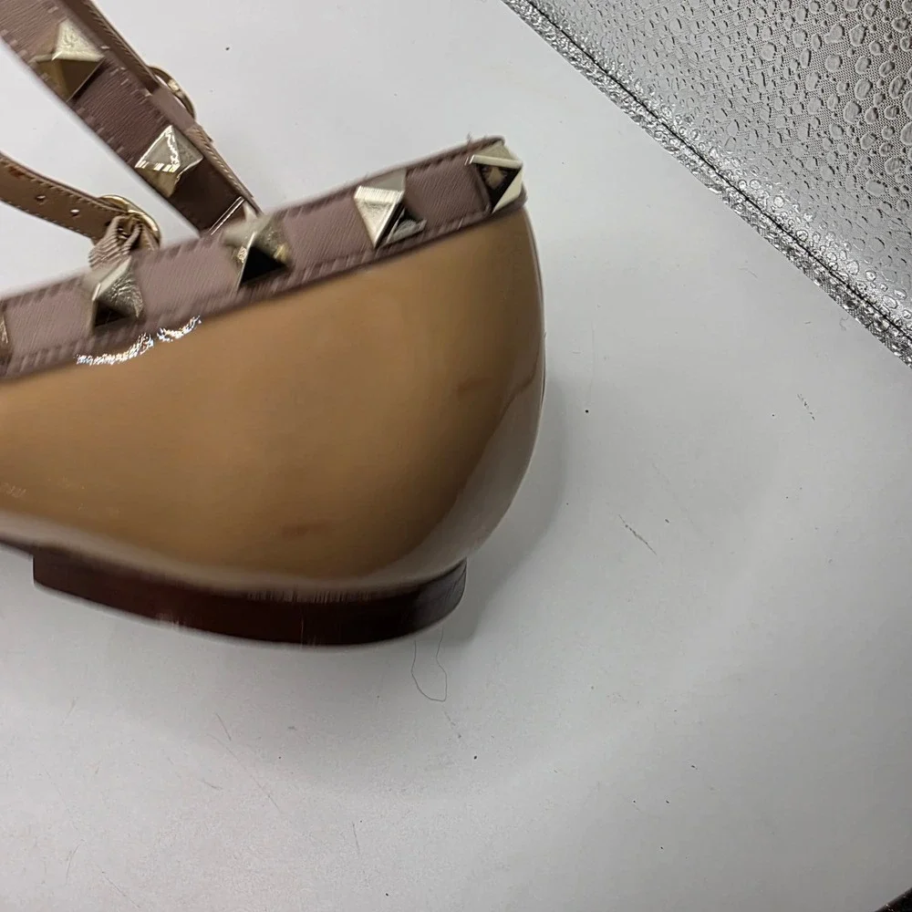 Kaitlyn Pan Nude Patent Rockstud Strappy Pointed Toe Flats Shoes Womens 10.5
